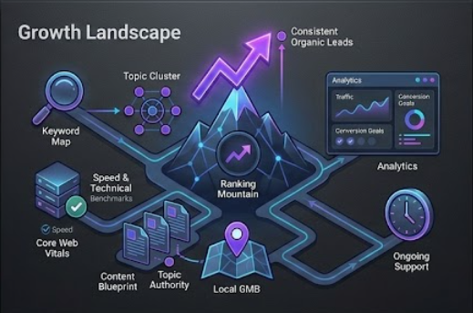 BlackForge SEO Growth Landscape and Ranking Mountain Mockup